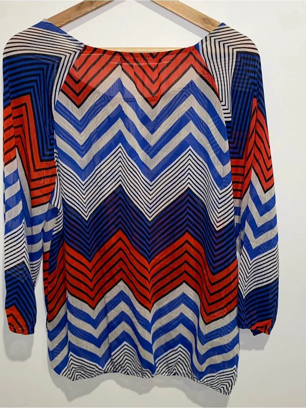 Women’s Chevron-Stripe Long Sleeve Top in Red, Blue & White - Picture 2 of 4